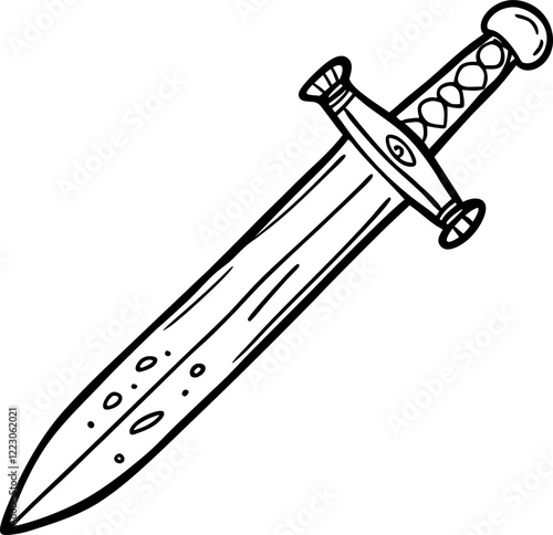 Hand Drawn Medieval Sword with Ornate Hilt Black and White Line Art Vector