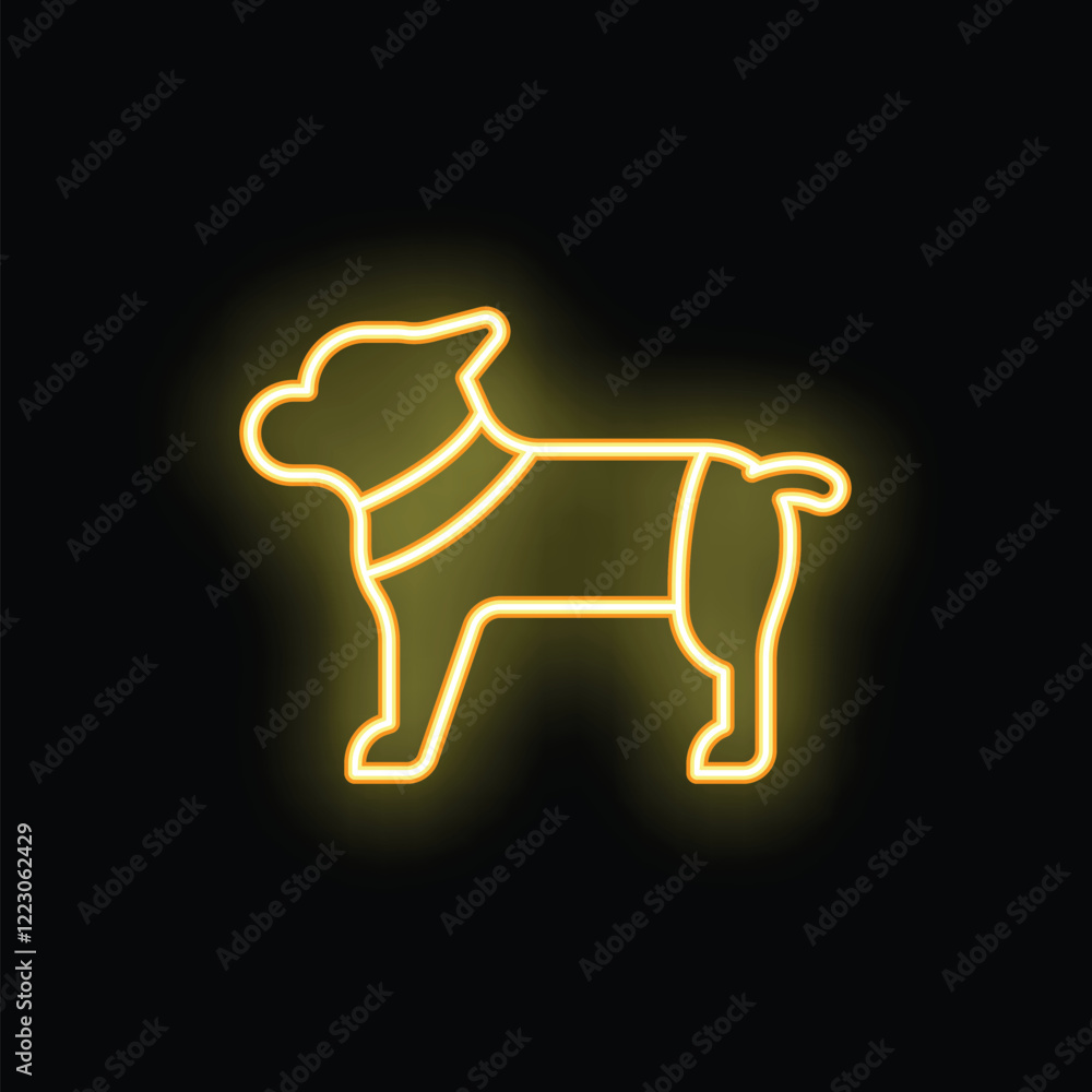 Obraz premium Neon yellow glowing symbol of a dog with a collar standing in side view