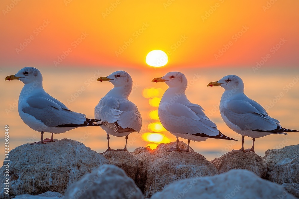 Seagulls standing on rocks at sunset by the ocean with vibrant colors reflecting on the water in summer Seagulls standing on rocks at sunset by the ocean with vibrant colors reflecting on the water in summer