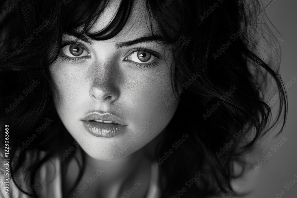 Captivating portrait of a young woman with striking features in black and white Captivating portrait of a young woman with striking features in black and white