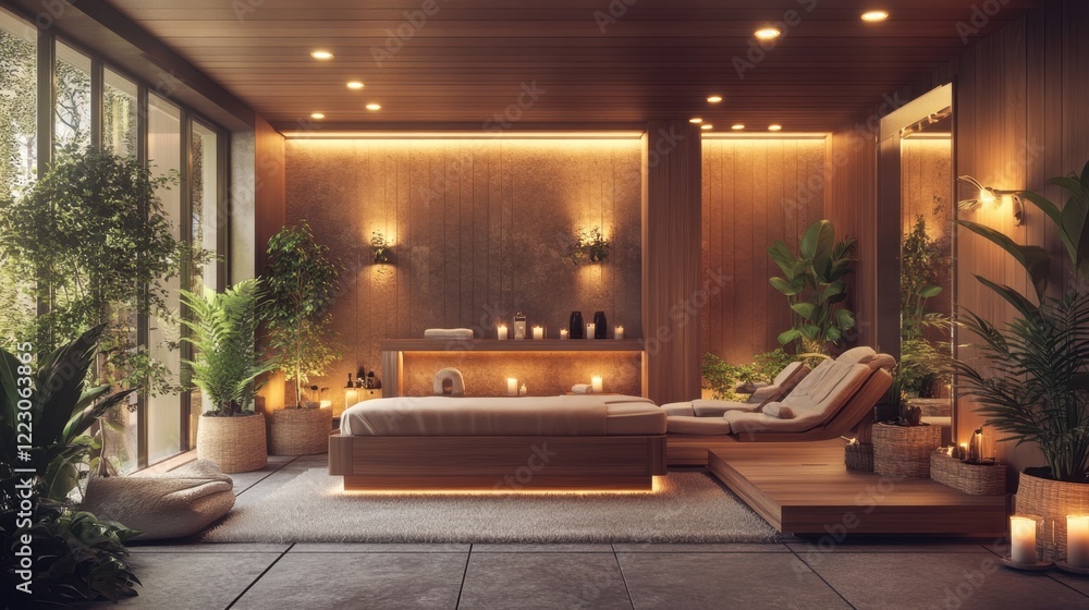 Fototapeta premium A cozy spa room with wooden accents, soft candles, and a massage table, bathed in warm lighting.