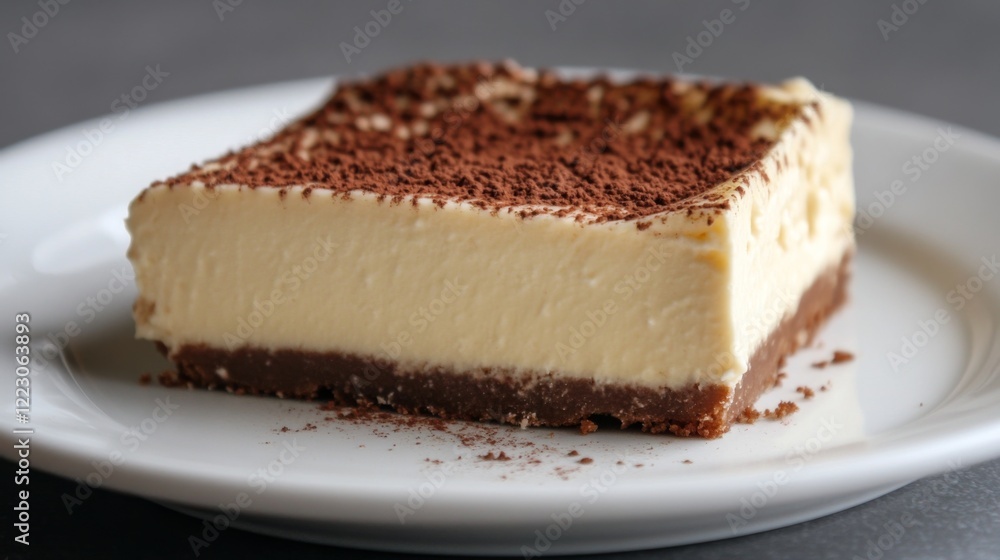 Creamy cheesecake slice on a plate, dusted with cocoa. Creamy cheesecake slice on a plate, dusted with cocoa.