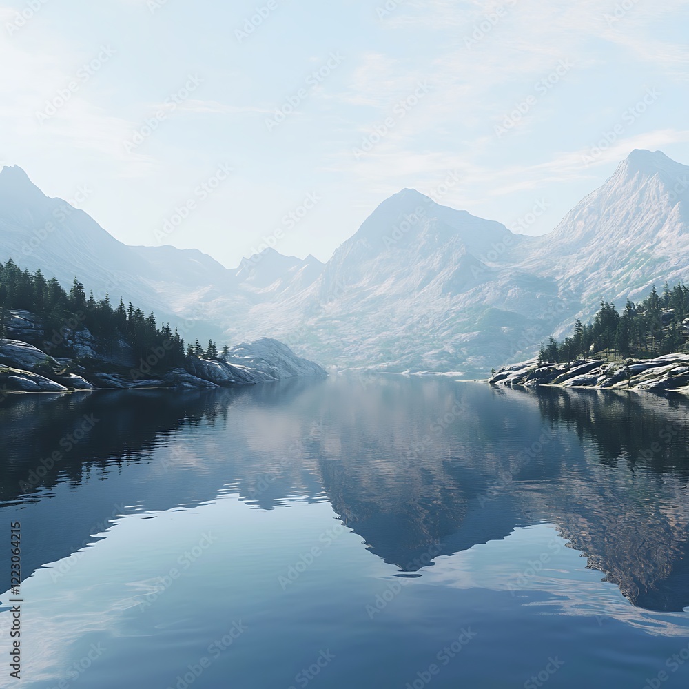 Naklejka premium Serene Mountain Lake with Misty Peaks and Clear Reflections
