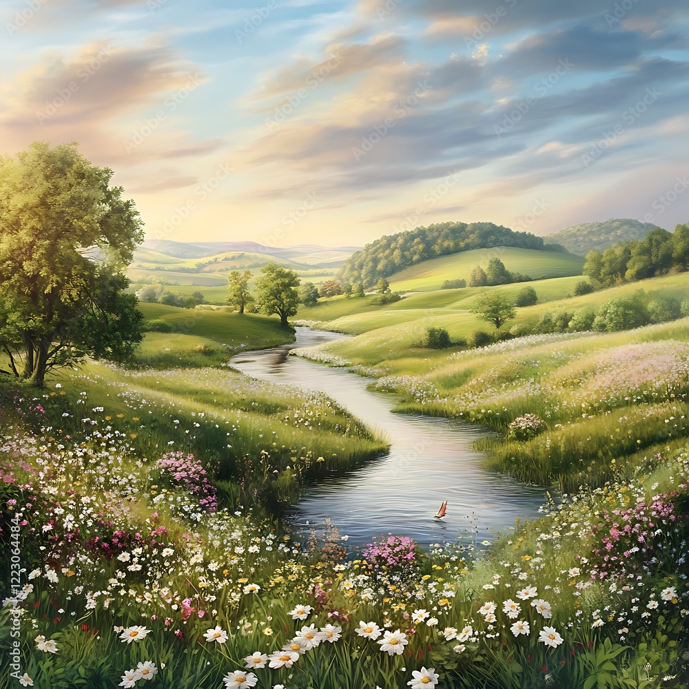 Naklejka premium Serene Summer Landscape Green Meadow with Winding River and Wildflowers