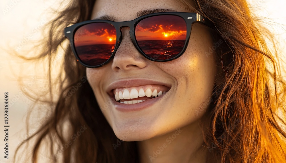 Smiling woman in sunglasses blended with serene landscape creating a harmonious double exposure effect, showcasing the beauty of nature intertwined with joyful expression. Smiling woman in sunglasses blended with serene landscape creating a harmonious double exposure effect, showcasing the beauty of nature intertwined with joyful expression.