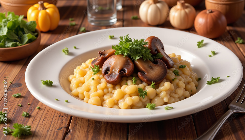 Delicious creamy risotto with mushrooms on rustic table, culinary delight Delicious creamy risotto with mushrooms on rustic table, culinary delight