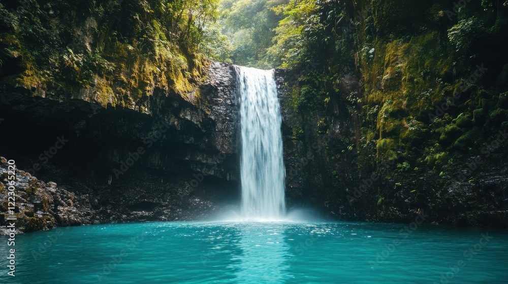 Fototapeta premium Majestic waterfall in lush forest cascading into turquoise pool