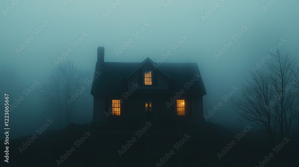 Mysterious house illuminated by warm light amidst dense, eerie f Mysterious house illuminated by warm light amidst dense, eerie f