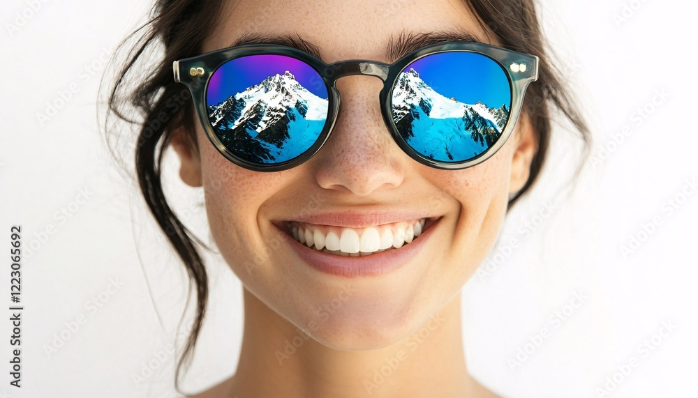 Smiling Woman in Sunglasses Blends with Nature in Dreamy Double Exposure Landscape Smiling Woman in Sunglasses Blends with Nature in Dreamy Double Exposure Landscape
