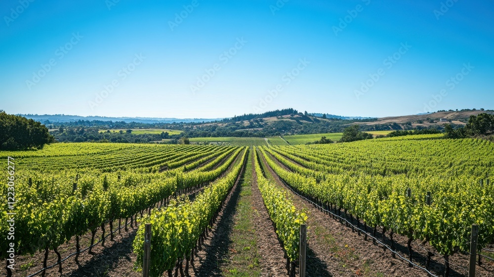 Expansive vineyard under clear blue sky with rolling hills in the background Expansive vineyard under clear blue sky with rolling hills in the background