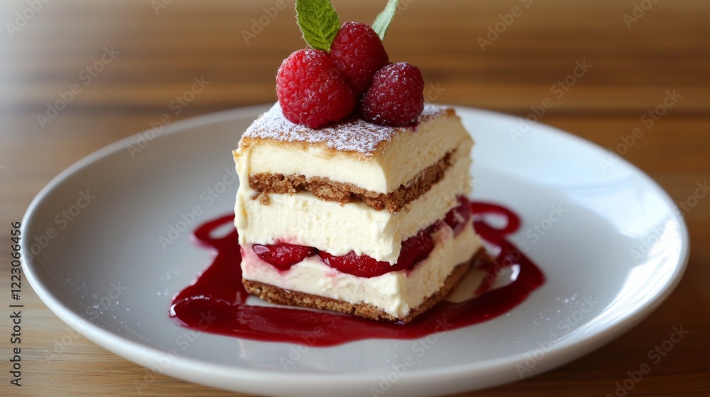 Delicious raspberry dessert layered cake on white plate. Delicious raspberry dessert layered cake on white plate.