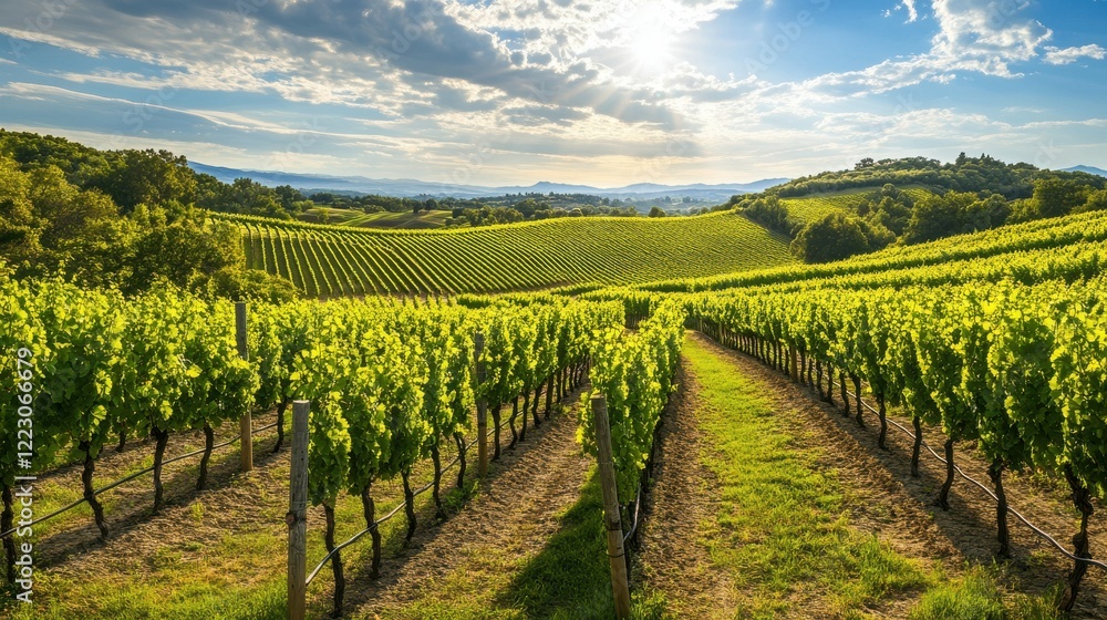 Lush green vineyard in rolling hills under sunny sky Lush green vineyard in rolling hills under sunny sky