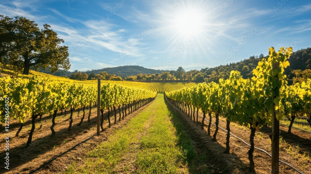 Naklejka premium Sunlit vineyard landscape with rows of lush green grapevines and blue sky