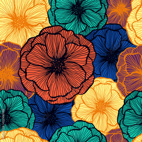 Simple poppy floral summer vector seamless pattern. Doodle line texture bloss...