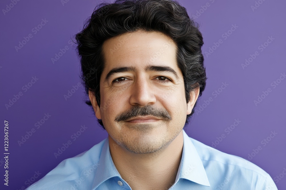 Fototapeta premium Portrait of a smiling man with a mustache against a purple background