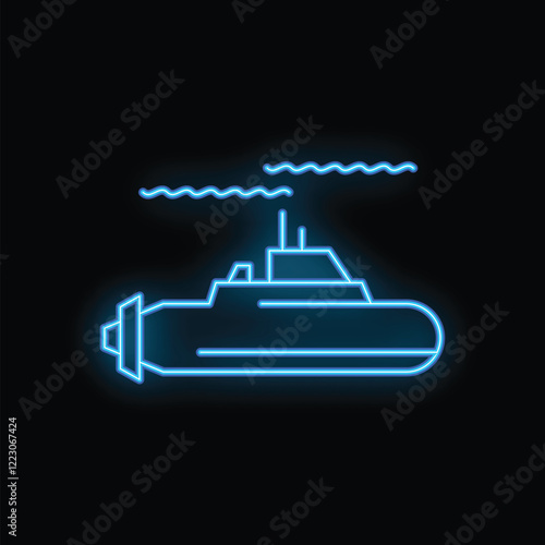 Blue neon sign depicting a military submarine surfacing at night with its periscope above the water