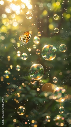 Wallpaper Mural digital technology green forest bubbles and butterflies poster background Torontodigital.ca