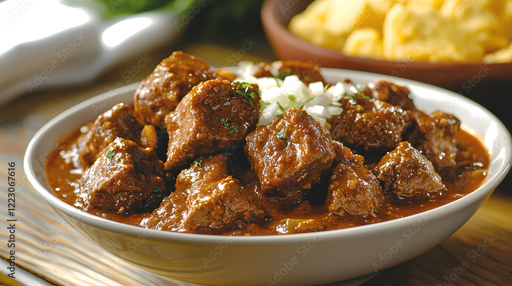 Beef Chunks Simmered in Chili Sauce with Onions and Herbs Beef Chunks Simmered in Chili Sauce with Onions and Herbs