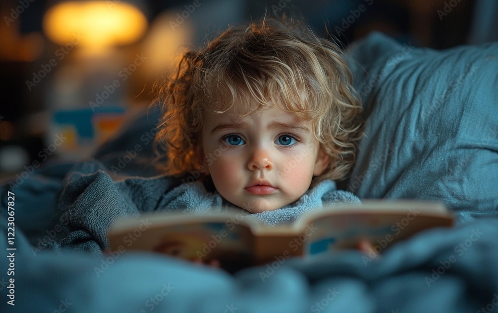 Caring Parent Reads to Feverish Child in Darkened Bedroom Under Bedside Lamp Glow Caring Parent Reads to Feverish Child in Darkened Bedroom Under Bedside Lamp Glow