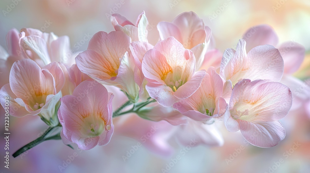 Naklejka premium Delicate pink flowers softly illuminated, showcasing intricate p