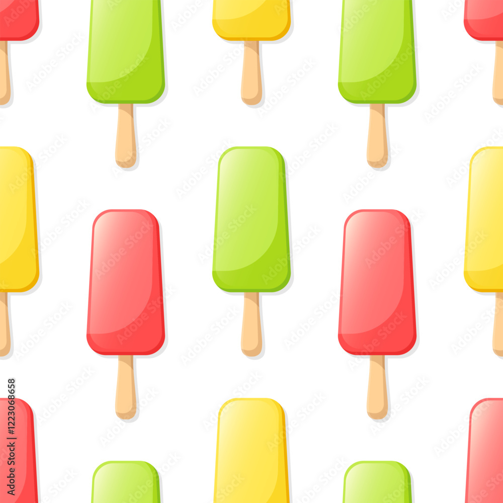 Fruit ice cream vector seamless pattern. Yellow, red and green eskimo on white background. Fruit ice cream vector seamless pattern. Yellow, red and green eskimo on white background.