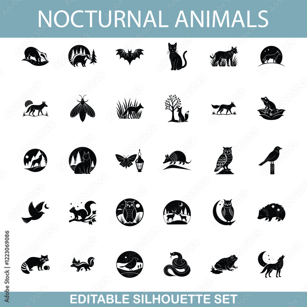 Obraz premium Nocturnal Animals Silhouettes Editable Vector Icons Set