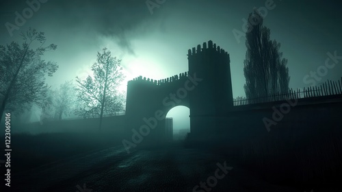 Mysterious Stone Archway in Foggy Landscape