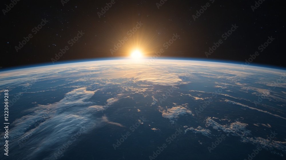 Earth sunrise viewed from space, showing atmosphere, clouds, and sun rays. Earth sunrise viewed from space, showing atmosphere, clouds, and sun rays.