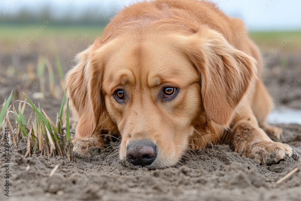 An open field training ground with biodegradable training markers, a golden retriever focusing intently, dog obedience exercises, showcasing responsible pet training with eco-friendly equipment on a An open field training ground with biodegradable training markers, a golden retriever focusing intently, dog obedience exercises, showcasing responsible pet training with eco-friendly equipment on a