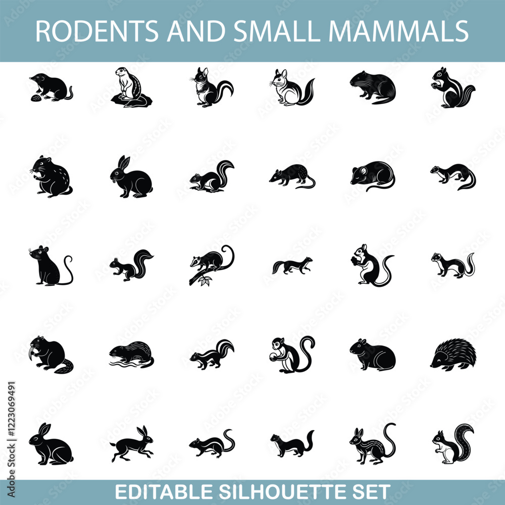 Fototapeta premium Rodent and Small Mammal Silhouettes Editable Vector Set Illustrations