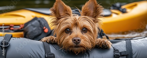 A dramatic river rescue scene shows a small dog lying on an insulated pet rescue mat near an overturned kayak The dog, with its brown fur, appears safe and calm after the incident This heartwarming