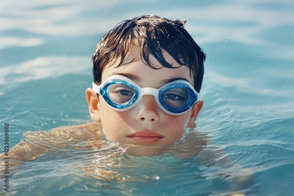 Naklejka premium This enchanting image captures a boy with swimming goggles floating in clear pool water, reflecting the sunlight and creating a serene aquatic atmosphere.