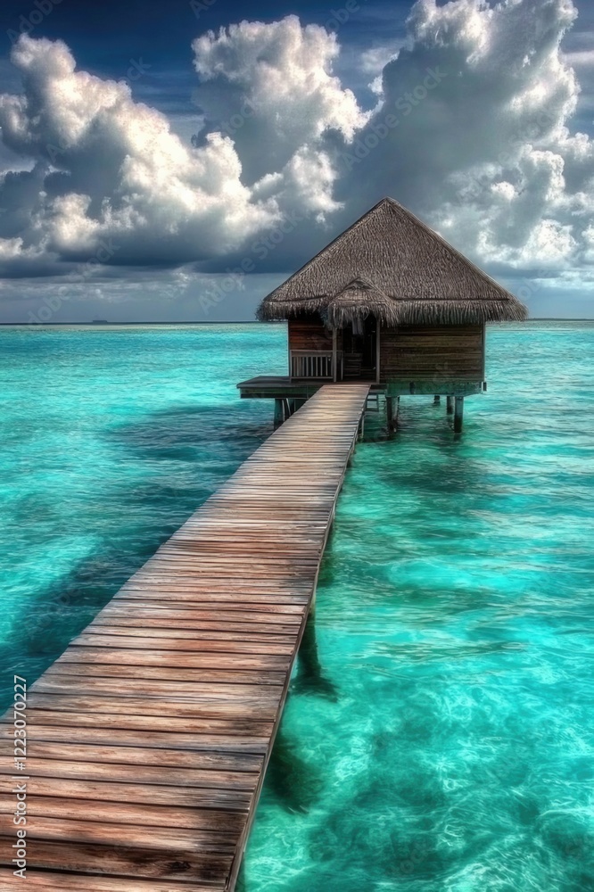 An inviting overwater bungalow on a wooden pathway, surrounded by vibrant turquoise waters and fluffy clouds, representing an idyllic escape to tropical bliss. An inviting overwater bungalow on a wooden pathway, surrounded by vibrant turquoise waters and fluffy clouds, representing an idyllic escape to tropical bliss.