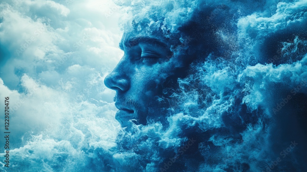Ethereal portrait merging human features with swirling blue clou Ethereal portrait merging human features with swirling blue clou