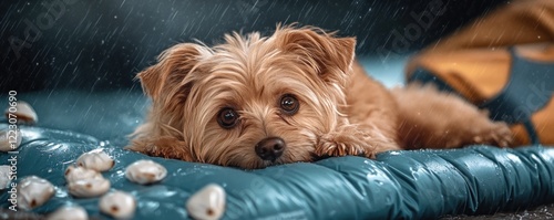 Captured in a dramatic scene, this small dog finds refuge on an insulated pet rescue mat after an intense river incident involving an overturned kayak A heartwarming moment of pet safety and care