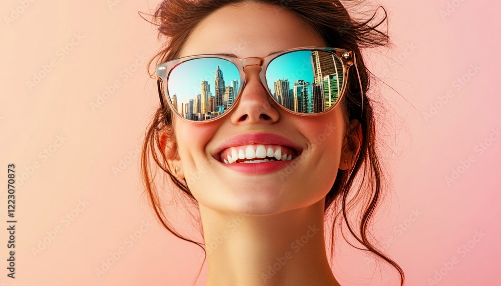 Smiling woman in sunglasses with a vibrant landscape reflected in her shades, capturing the essence of double exposure artistry. Smiling woman in sunglasses with a vibrant landscape reflected in her shades, capturing the essence of double exposure artistry.