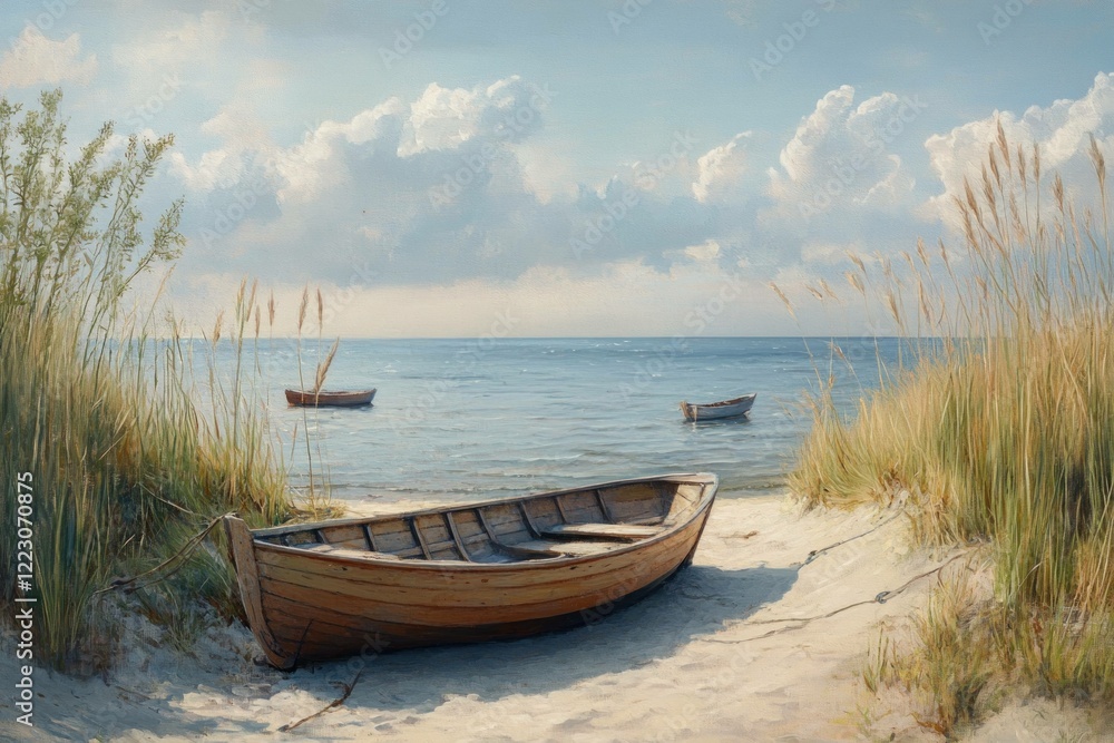 Tranquil beach scene with a wooden boat resting on the sandy shore, surrounded by tall grass and calm waters, evoking peaceful summer vibes and outdoor serenity Tranquil beach scene with a wooden boat resting on the sandy shore, surrounded by tall grass and calm waters, evoking peaceful summer vibes and outdoor serenity