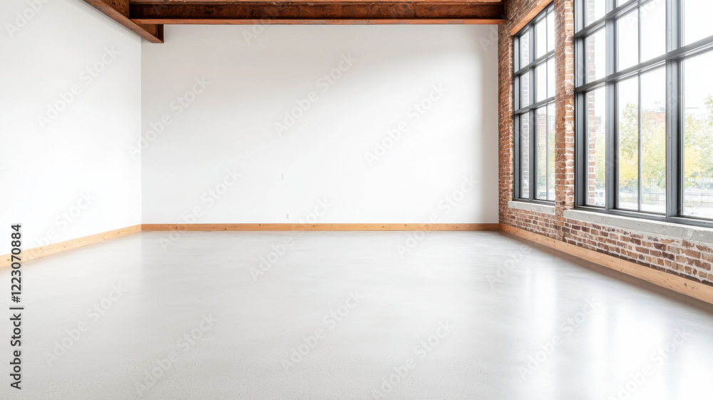 Fototapeta premium Representations of Rust Concept, Minimalist industrial loft with exposed brick and large windows