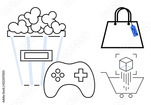 Popcorn bucket, game controller, shopping bag with price tag, and shopping cart with abstract box in simple line art. Ideal for entertainment, gaming, shopping, leisure, consumerism retail digital