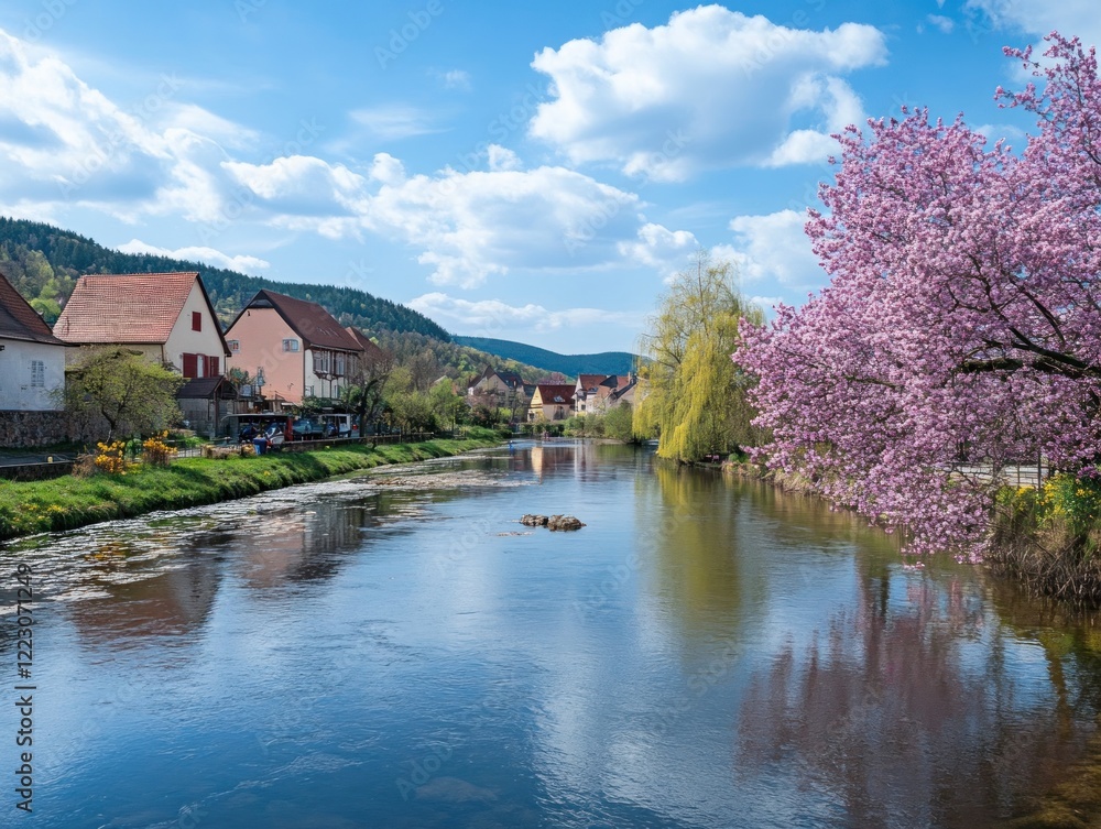 Fototapeta premium Picturesque European Village River Scene with Blooming Cherry Trees on a Sunny Day