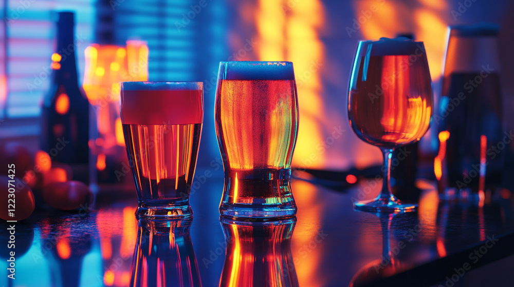 Refreshing drinks on a bar counter with vibrant lighting in the evening Refreshing drinks on a bar counter with vibrant lighting in the evening