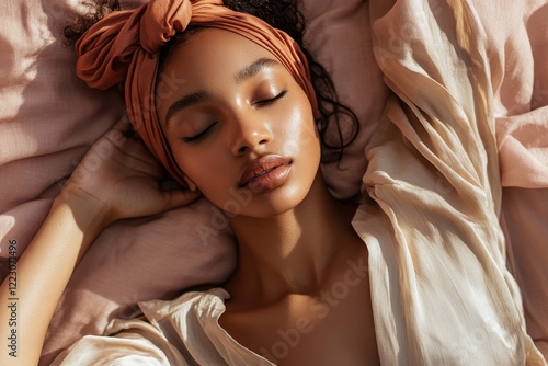 Serene Young Woman Resting in Bed, Wearing a Turban Head Wrap
