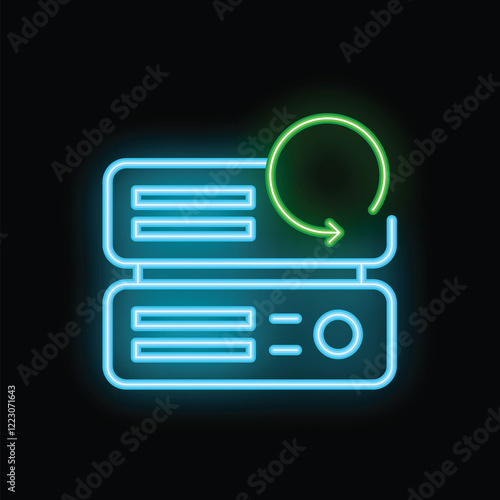 Neon server backup icon glowing on dark background representing data security and recovery