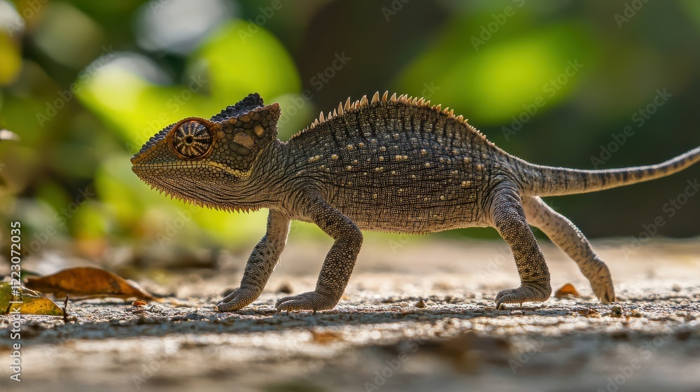 Close-up of a chameleon walking on sunlit path in natural habitat Close-up of a chameleon walking on sunlit path in natural habitat