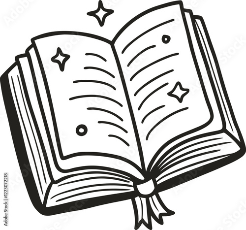 Magical Open Book with Stars in Minimalist Black and White Illustration