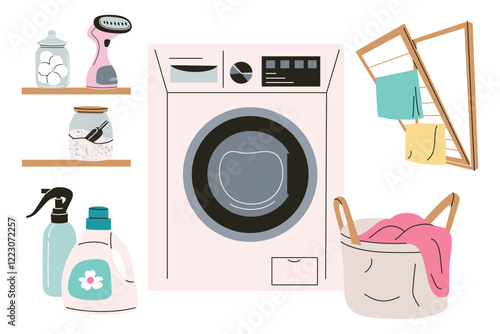 Vector illustration of modern laundry room setup with washing machine, cleaning supplies, drying rack, and basket with clothes. Composition for themes of household organization and cleaning