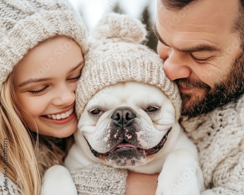 Capture the heartwarming essence of a family celebrating a holiday with their pets, experiencing joyful moments filled with love and connection amidst festive decorations, creating lasting memories