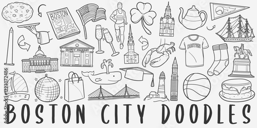 Boston, MA, USA Doodle Icons. Hand Drwan Made Line Art. Massachusetts City Clipart Symbol Design.	