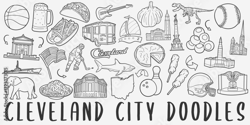 Cleveland, OH, USA Doodle Icons. Hand Drawn Made Line Art. City Ohio Clipart Symbol Design.