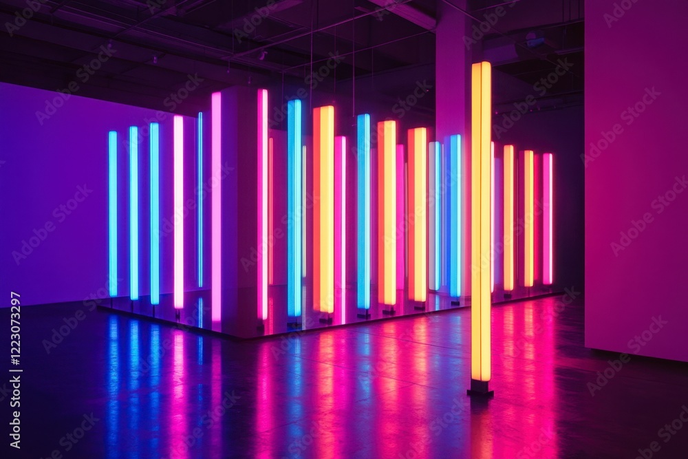 Fototapeta premium Colorful Neon Installation with Vibrant Light Columns in Gallery
